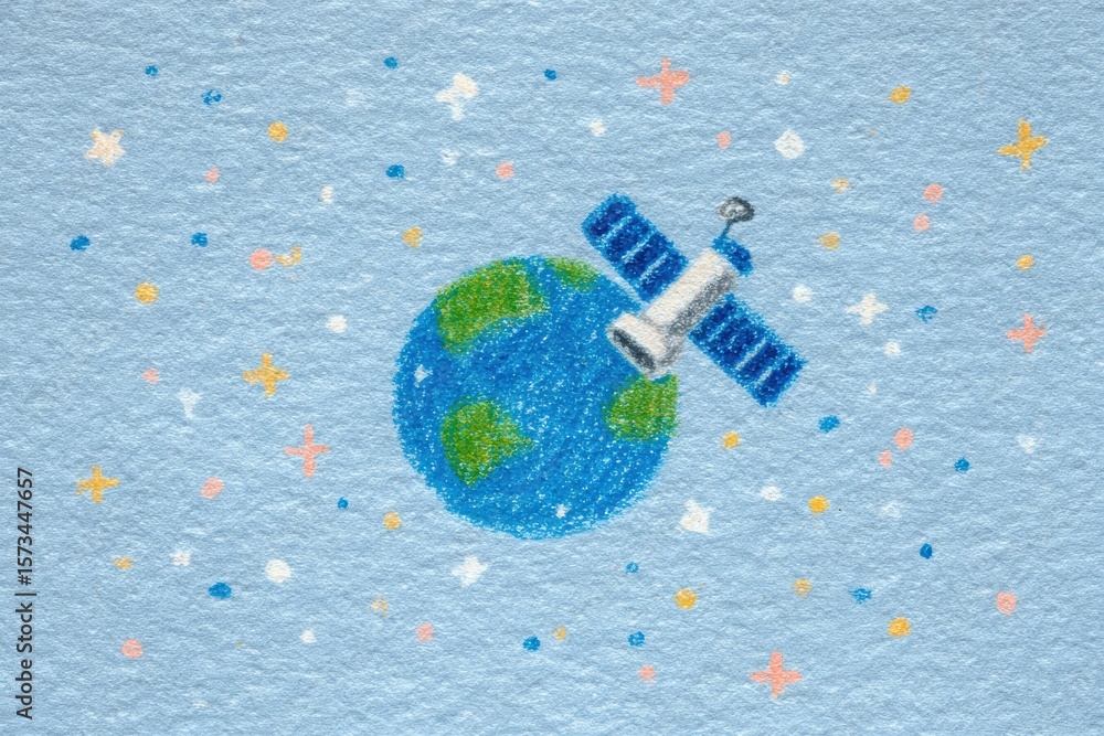 A vibrant artwork displays Earth with green and blue features, surrounded by colorful stars and dots, while a detailed satellite orbits above in a bright blue sky.