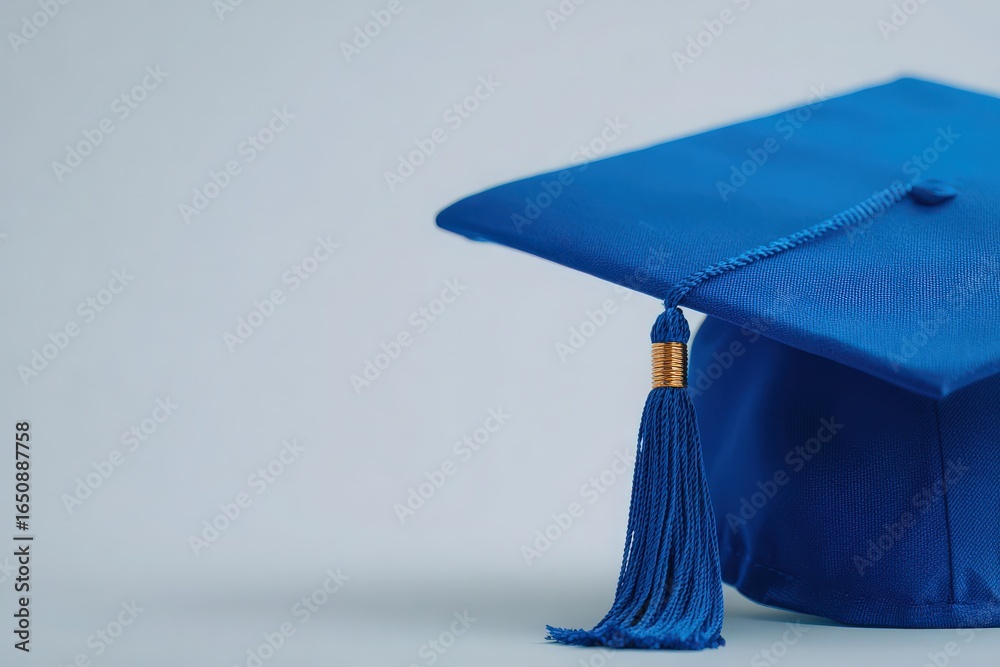 A vibrant blue graduation cap rests on a light background, showcasing a golden tassel. This symbolizes academic achievement and the reaching of a significant milestone in education.