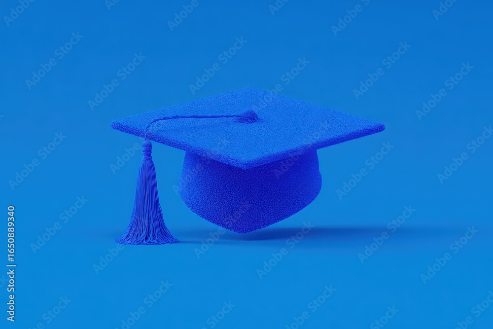 A vibrant blue graduation cap with a long tassel is prominently displayed against a solid blue background. The cap symbolizes achievement and celebration in academic life.