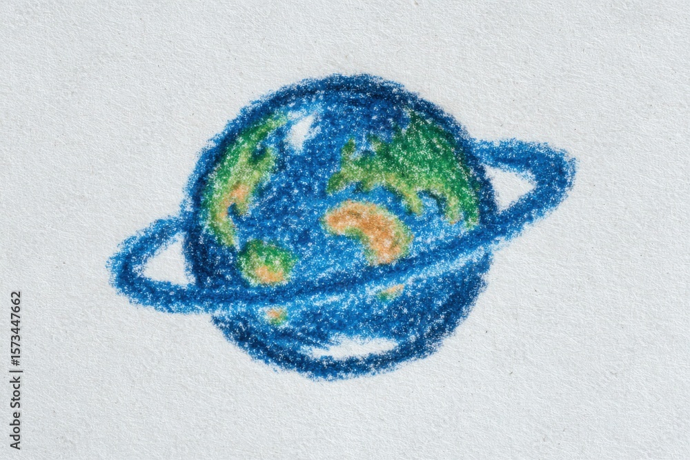 A vibrant depiction of Earth surrounded by rings, hand-drawn on white paper. The continents are colored in green and brown, while the ocean is shaded in blue.