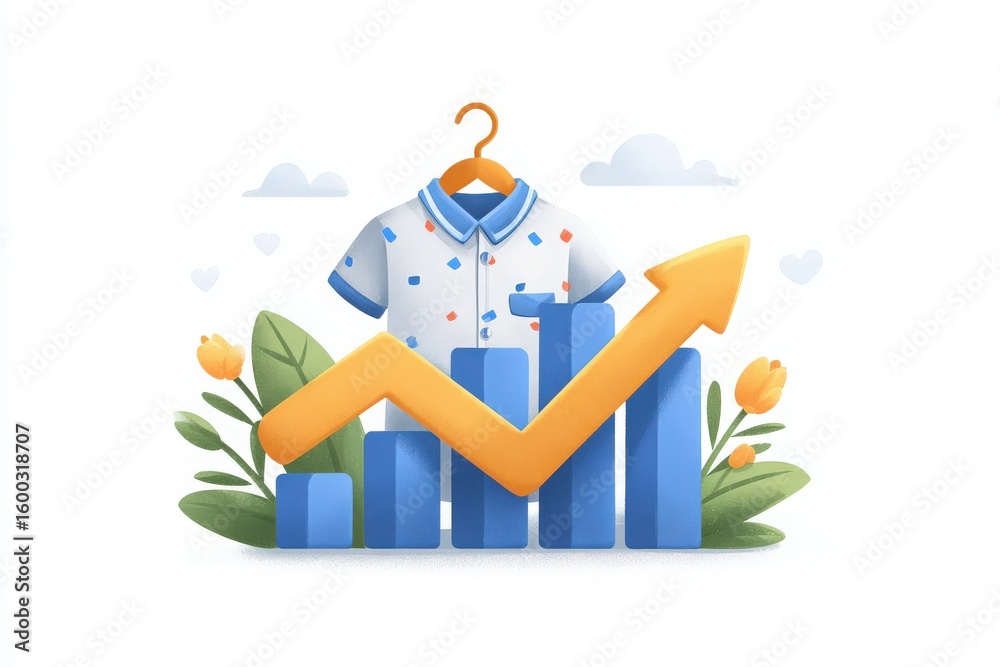 A vibrant display of a shirt hanging on a hanger alongside a rising graph, illustrating growth. Bright greenery and flowers enhance the appealing visual, symbolizing success in the fashion market.