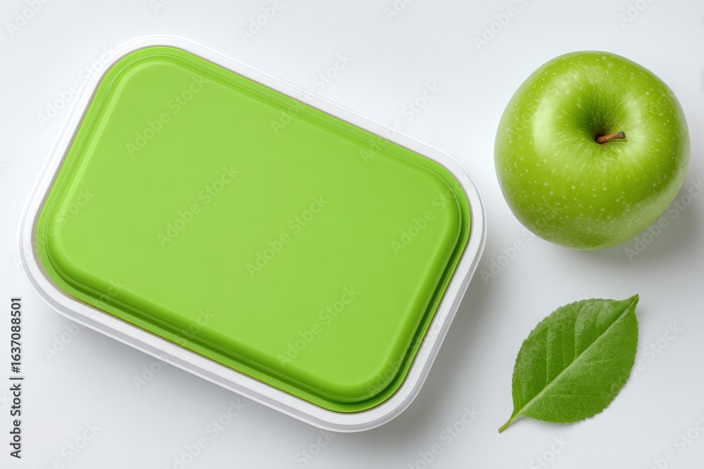 A vibrant green apple sits beside a rectangular container with a bright green lid. The meticulous arrangement emphasizes the appeal of healthy eating and snack storage in a clean setting.