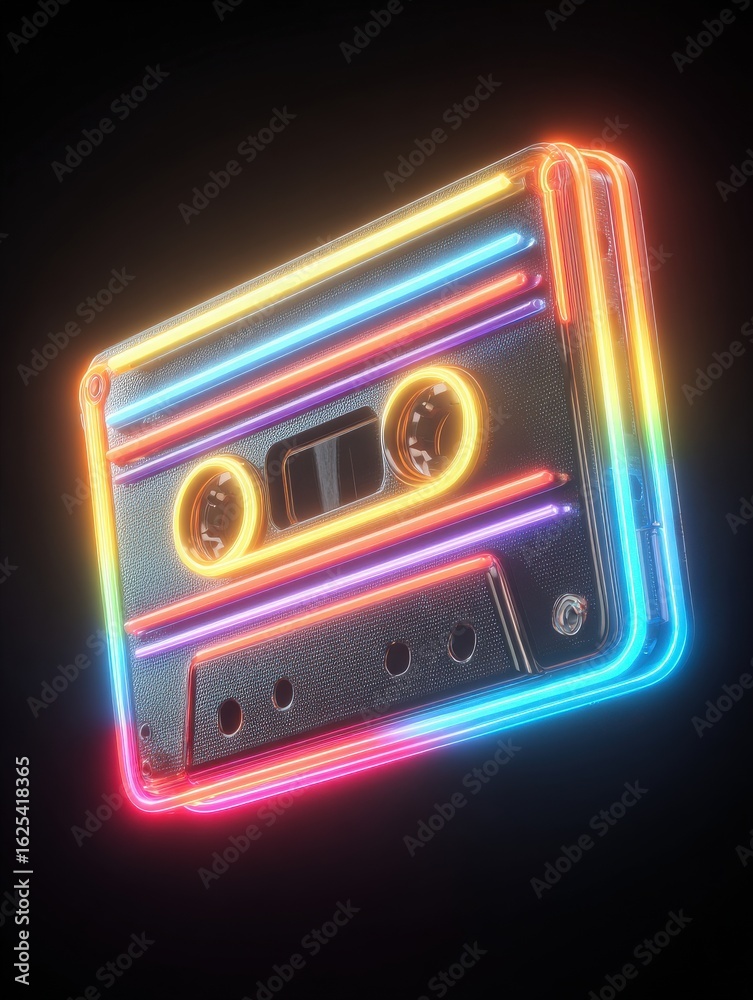 A vibrant, illuminated cassette tape is showcased, emitting bright colors of neon blue, pink, and yellow. The retro design highlights the nostalgic connection to music and the 80s era.