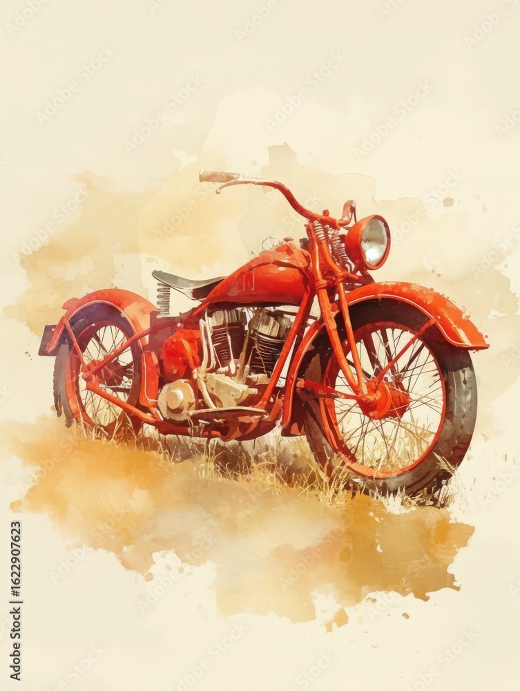 A vibrant red motorcycle stands proudly in a grassy field, enhanced by a soft watercolor effect, showcasing its classic design and retro charm in a tranquil outdoor setting.