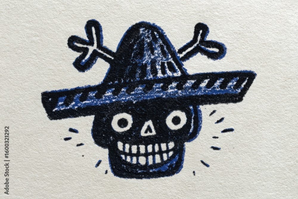 A vibrant skull illustration features a straw sombrero adorned with crossbones.