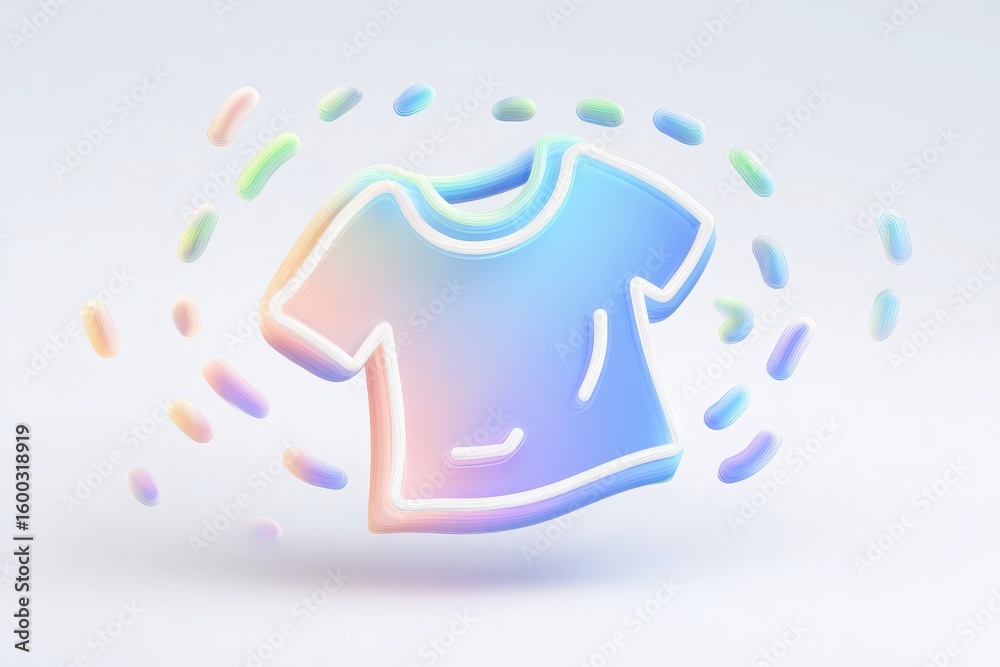 A vibrant t-shirt graphic hovers against a light background, surrounded by dynamic, colorful shapes. The design suggests movement and creativity, appealing to fashion enthusiasts and artists.
