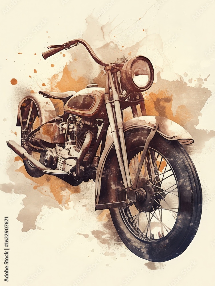 A vintage motorcycle is featured prominently, highlighting its classic design and intricate details. The artistic splash background adds a unique flair, combining nostalgia with creativity.