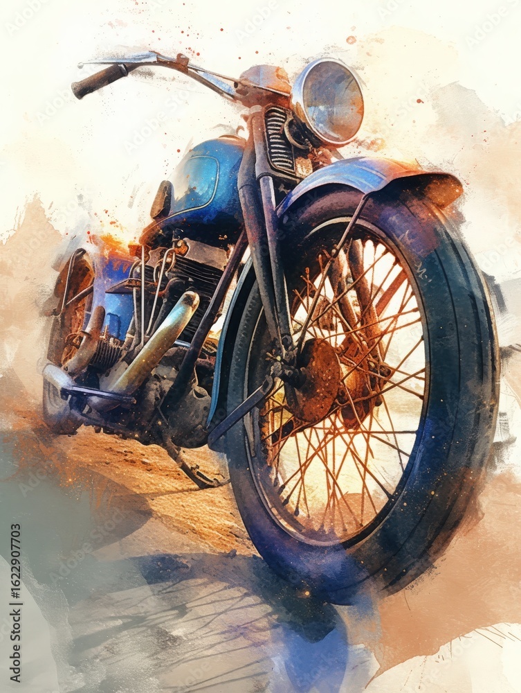 A vintage motorcycle rests on a dirt road, bathed in warm sunset hues. The background is an artistic splash of colors, highlighting the bikes curves and intricate details.