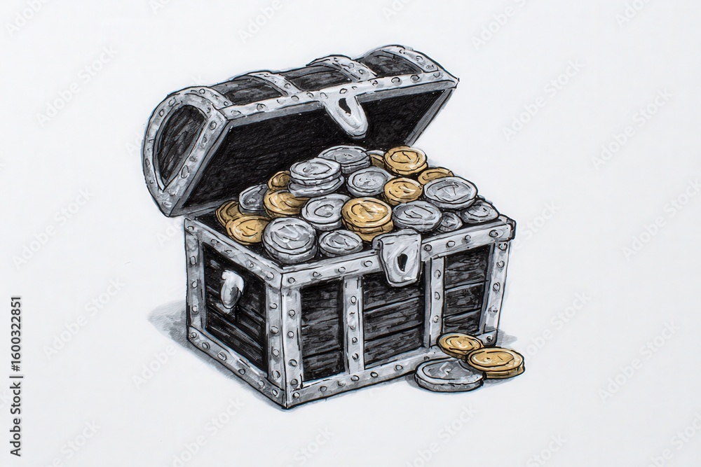 A vintage treasure chest is filled to the brim with shiny gold and silver coins, some spilling out onto a smooth, white surface. The chest has intricate metal detailing and a classic design.