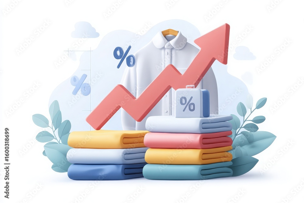 A visual representation of clothing sales growth featuring several neatly stacked garments in various colors, a bold upward trend line with percentages, and a briefcase for business context.