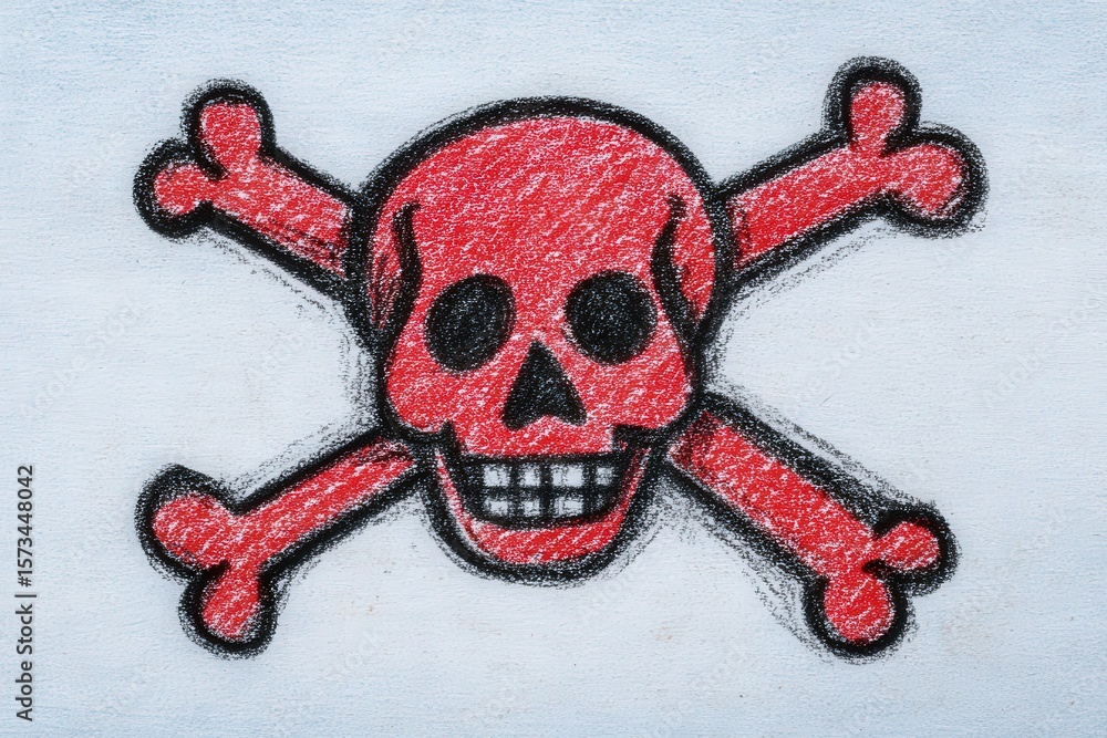 A vivid red skull with crossbones is drawn against a light background, representing danger and caution. The graphic design emphasizes a warning message about toxicity or hazards.