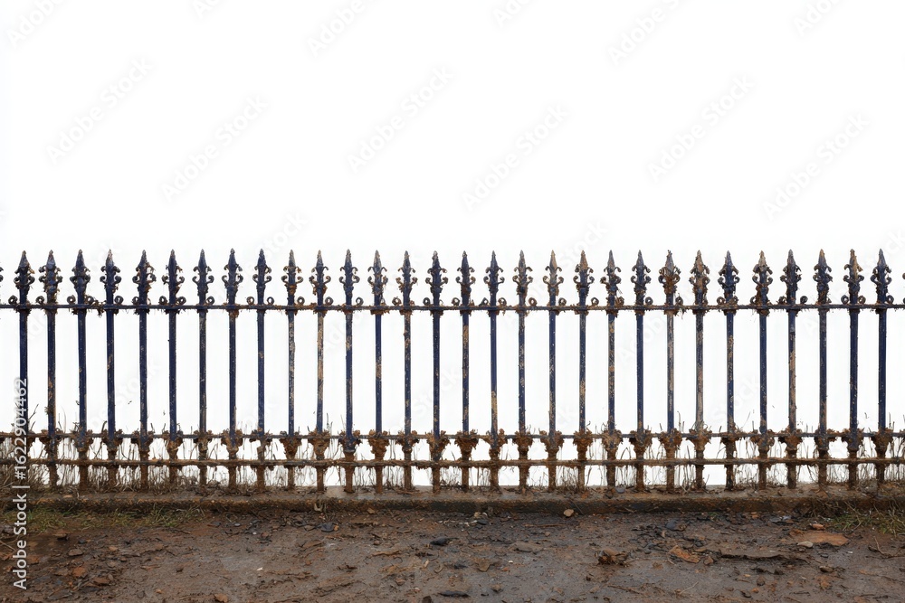 A weathered iron fence features sharp spikes and intricate details. It stands against a stark white backdrop, contrasting the dark metal with a small dirt patch below it.