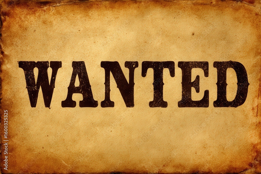 A weathered piece of paper displays the word WANTED in large, bold lettering.