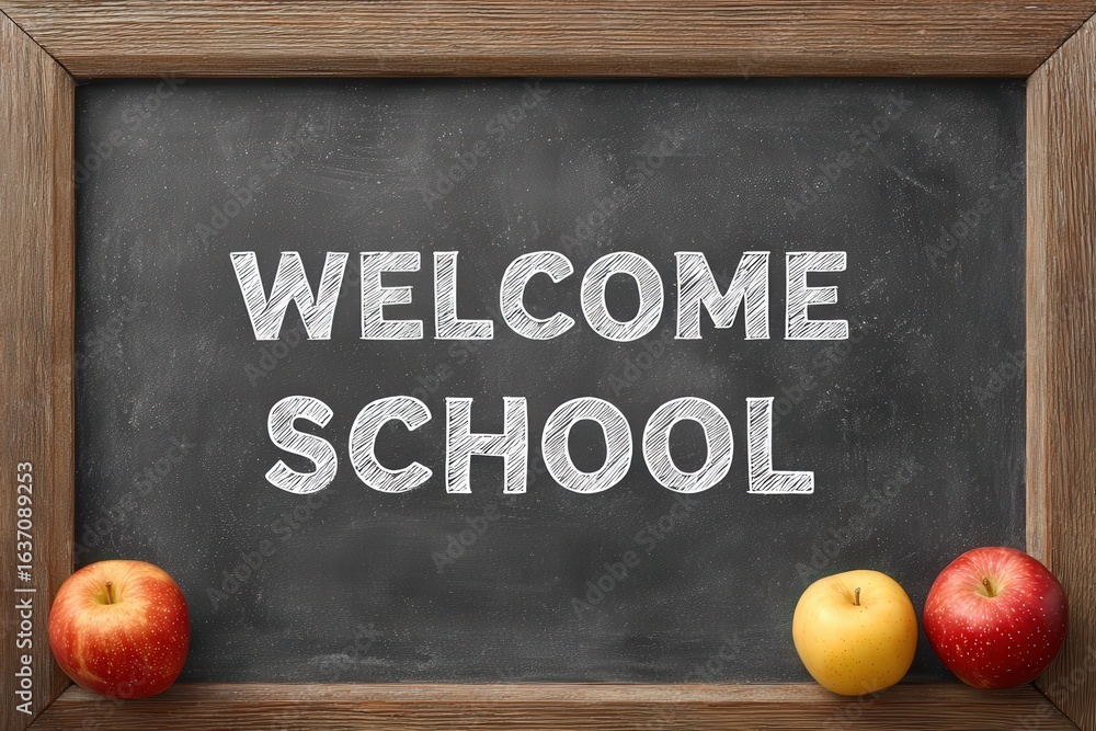 A welcoming chalkboard features the words Welcome School in white chalk. Fresh red and yellow apples are displayed at the bottom, adding a touch of color.