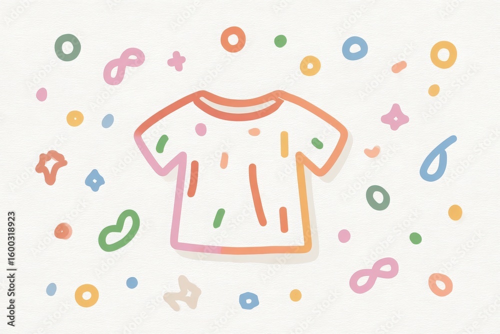 A whimsical design featuring an outlined t-shirt in the center, surrounded by colorful shapes and patterns. The vibrant doodles include swirls, dots, and stars, creating a cheerful atmosphere.