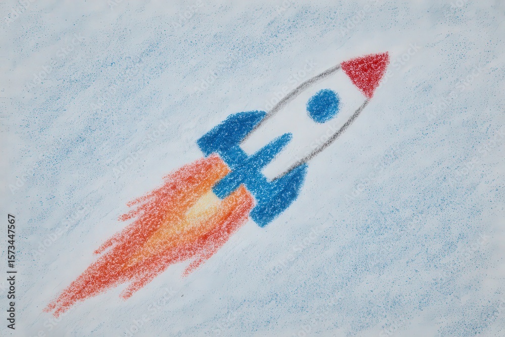 A whimsical rocket is launching into the sky, leaving a trail of orange and yellow flames.