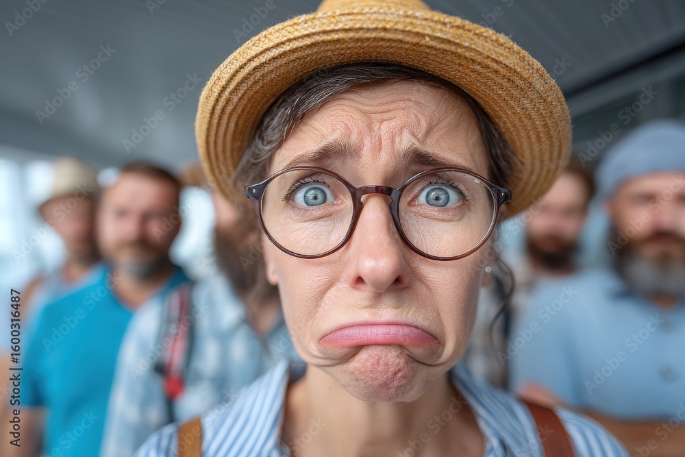 A woman with a worried expression stands in the foreground, showcasing her disappointment. Behind her, a group of men in casual attire appears indifferent at an outdoor gathering.