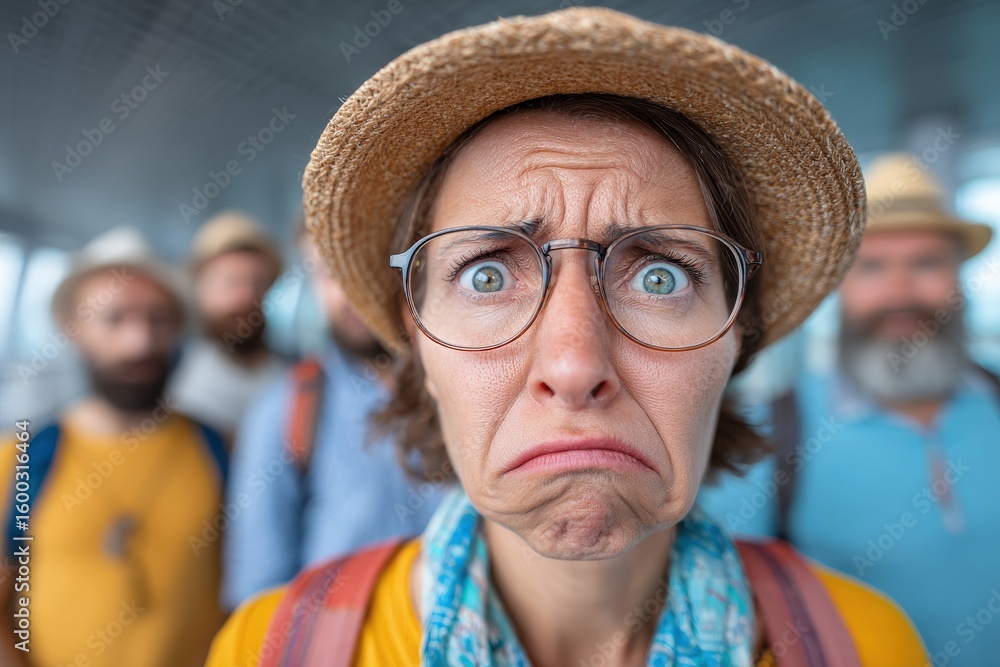A woman with glasses and a hat shows a surprised expression while standing in front of a group of people. The casual setting suggests a relaxed atmosphere, possibly a social gathering.