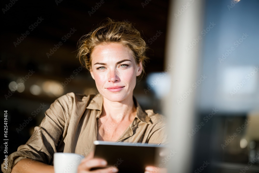 A woman with striking features is seated in a well-lit cafe, holding a tablet and a cup of coffee. She appears focused and relaxed, with natural light illuminating her face.