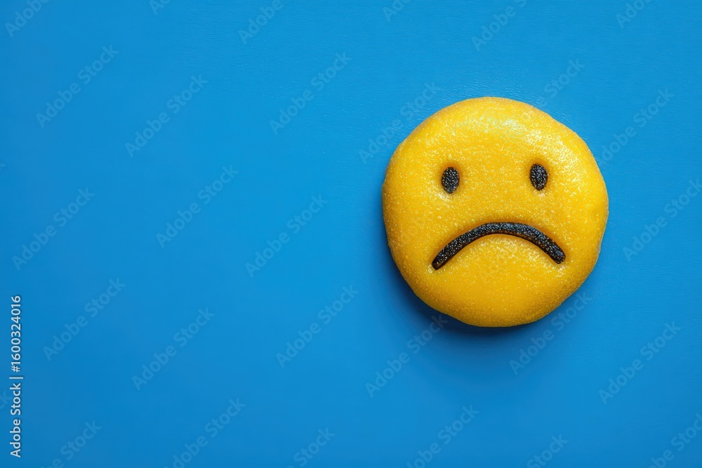 A yellow cookie shaped like a sad face sits against a blue background. The cookie features simple black icing for eyes and a frown, emphasizing playful and whimsical food design.