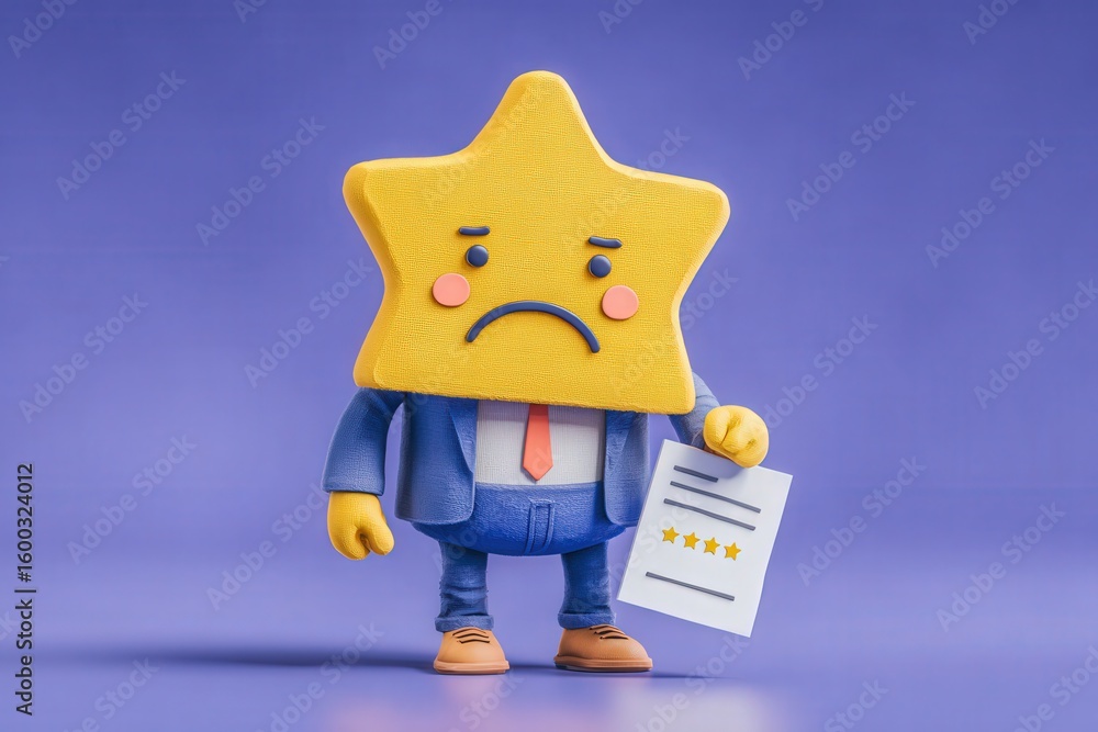 A yellow star character with a sad expression stands in a blue suit, holding a document with review ratings. The purple background enhances the characters display of frustration and disappointment.