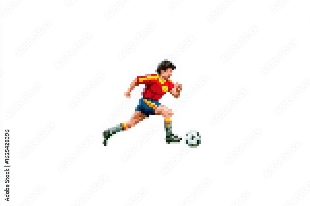 A young athlete in a red and yellow soccer uniform is sprinting while dribbling a soccer ball. The pixel art style captures the dynamic movement and energy of youth sports.