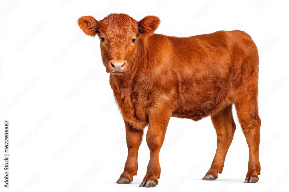 A young brown calf stands confidently with an inquisitive expression. Its glossy coat and bright eyes convey a sense of curiosity and playfulness, highlighting the charm of farm life.
