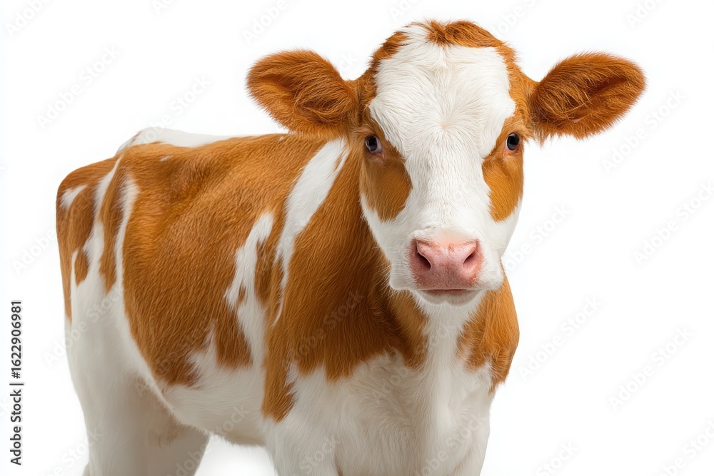 A young calf with distinctive brown and white markings stands facing the camera. It has a curious expression and large eyes, showcasing its playful nature and cuteness.