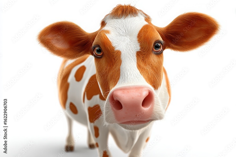 A young cow with distinct orange and white spots stands out with large expressive eyes. The background is bright and focuses attention on the cows curious expression, highlighting its features.