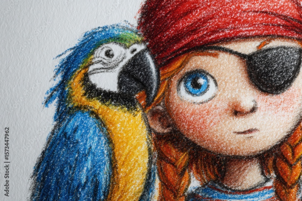 A young girl with braided red hair and an eye patch wears a pirate hat while standing next to a colorful blue and yellow parrot. Their expressions convey a sense of adventure and friendship.