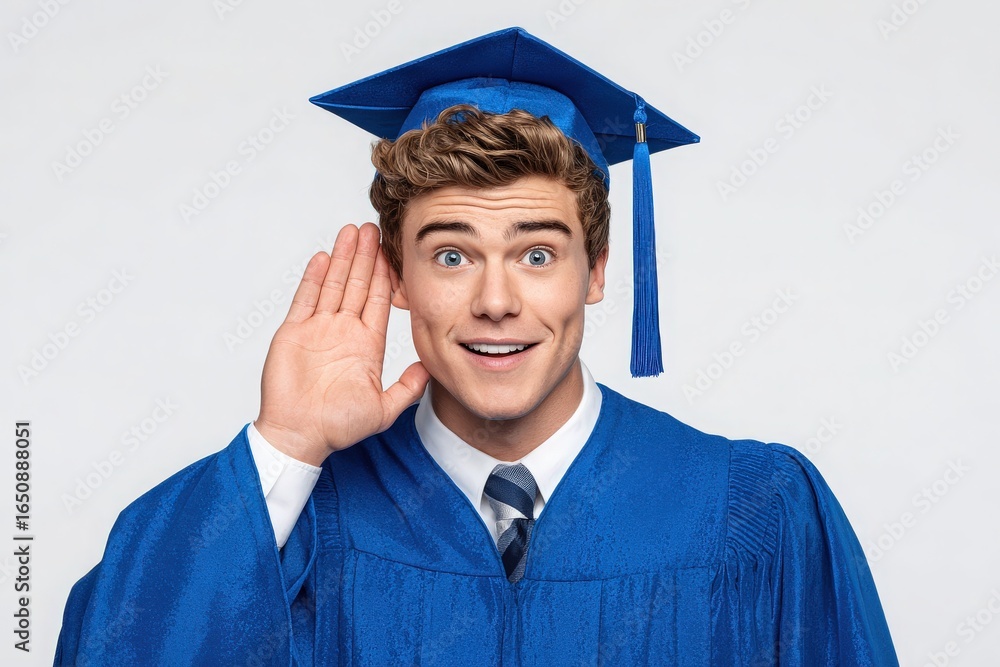 A young man in a blue graduation gown and cap displays a cheerful grin while raising his hand to his ear, conveying excitement about his accomplishment. The neutral background emphasizes his joy.