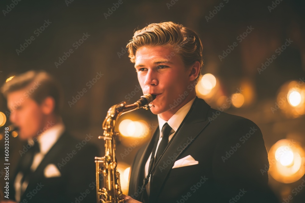 A young saxophonist draws attention at a jazz event, surrounded by warm glowing lights. His focused expression and stylish outfit contribute to the elegant ambiance of the performance.