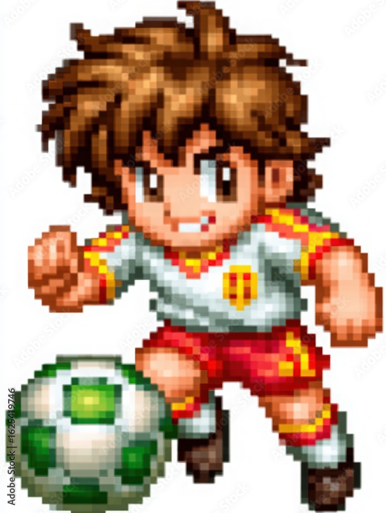 A young soccer player wearing a white and red uniform skillfully dribbles a green and white ball. The player exudes energy and enthusiasm, ready for action on the field.