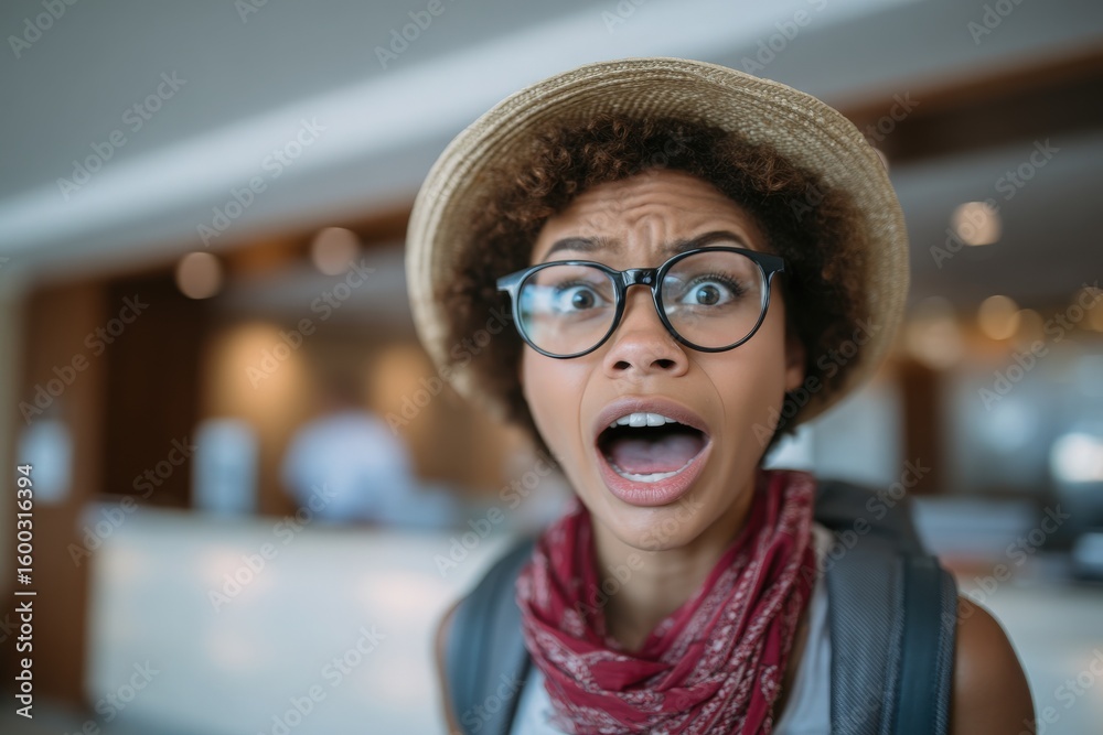 A young woman expresses shock and excitement in a hotel lobby, wearing glasses and a straw hat. She has a backpack and scarf, suggesting she is on a travel adventure.