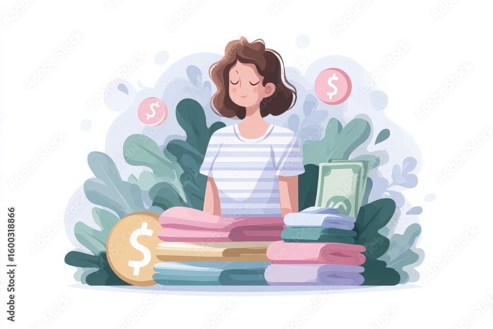 A young woman sits calmly surrounded by neatly folded clothes and money, illustrating the connection between organization and financial well-being.