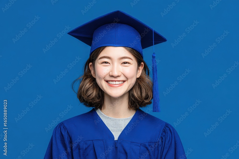 A young woman wears a blue graduation cap and gown while smiling brightly. The solid blue background emphasizes her joy and accomplishment.