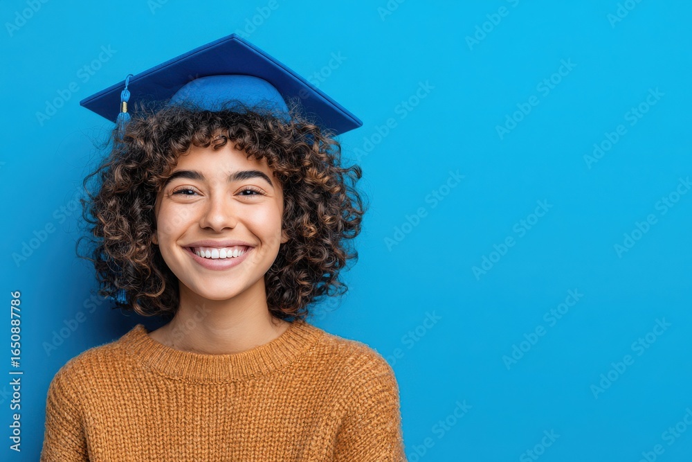 A young woman with curly hair smiles confidently while wearing a blue graduation cap. The vibrant blue background adds a cheerful atmosphere to her graduation celebration moment.