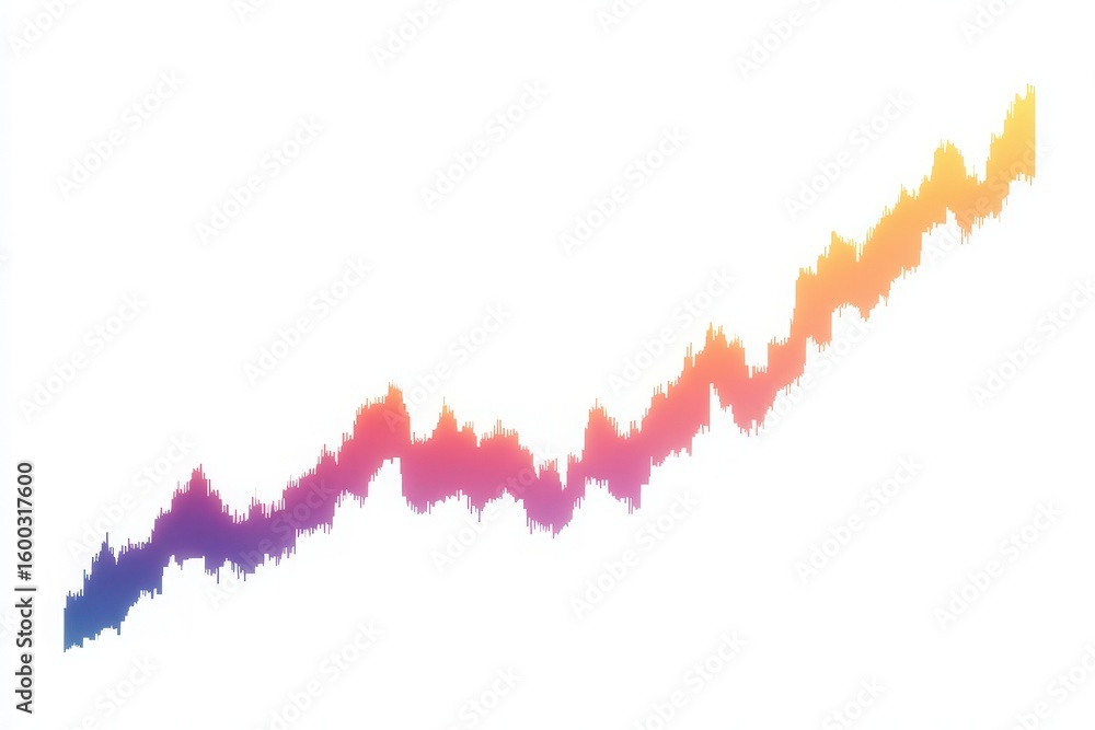 An abstract graph displays a vibrant upward trend marked by hues of purple, pink, and orange. The fluctuating peaks and valleys represent dynamic data patterns and analysis.