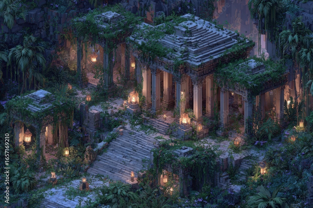 An ancient temple stands surrounded by dense foliage and vibrant plants, softly lit by lanterns. The structures detailed columns and steps lead into a mystical atmosphere at night.