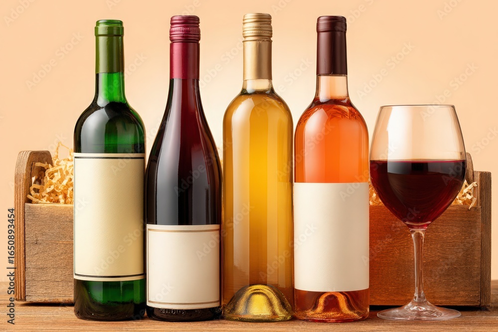 An assortment of four wine bottles in different colors is arranged in a wooden box filled with filler material. A glass of deep red wine rests beside the bottles, set against a neutral background.