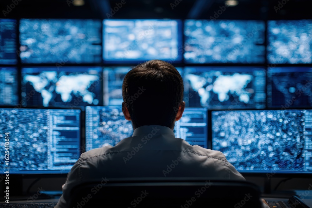 An individual observes numerous screens displaying complex data visualizations in a control room.