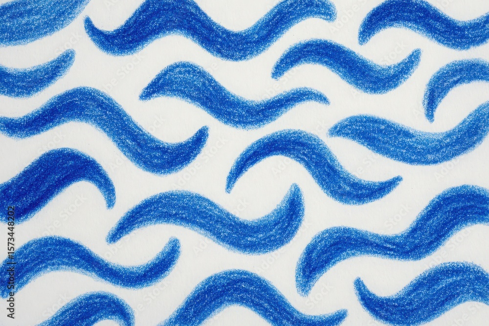 Blue wave patterns flow across a white surface, created using crayon. The artwork highlights the fluidity and motion of waves, emphasizing creativity in design.