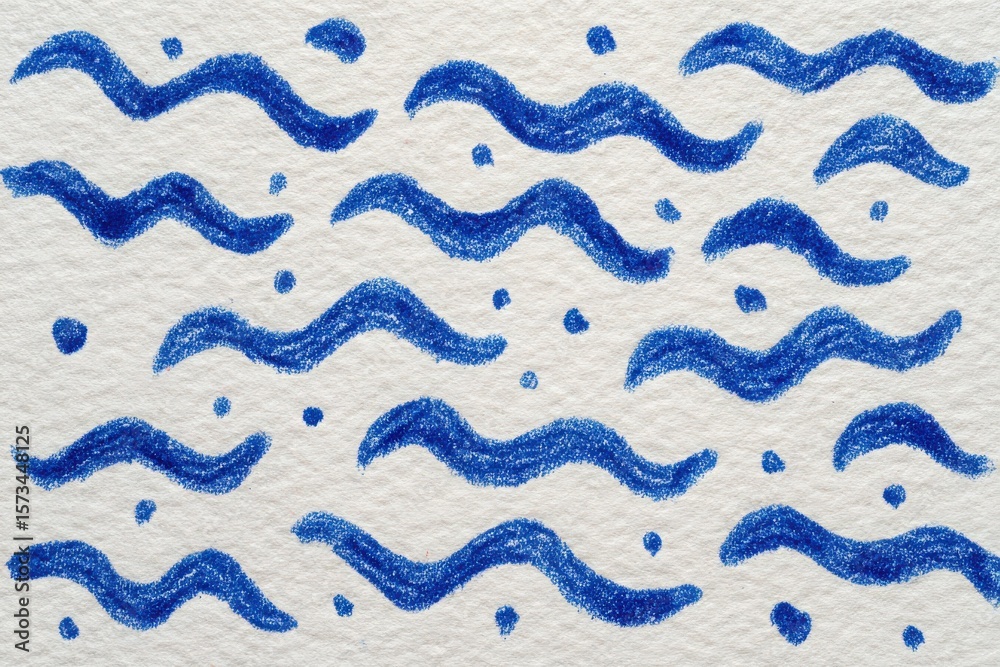 Blue wavy lines and dotted shapes create an abstract pattern on textured white paper. The design has a playful feel, emphasizing movement and fluidity through color and form.