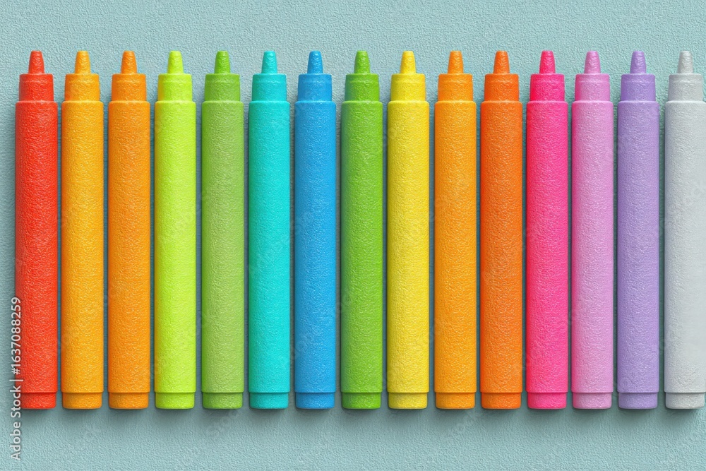 Bright and vivid markers are organized in a row, showcasing colors like pink, blue, green, and orange. This arrangement highlights the fun and creativity they bring to art activities.