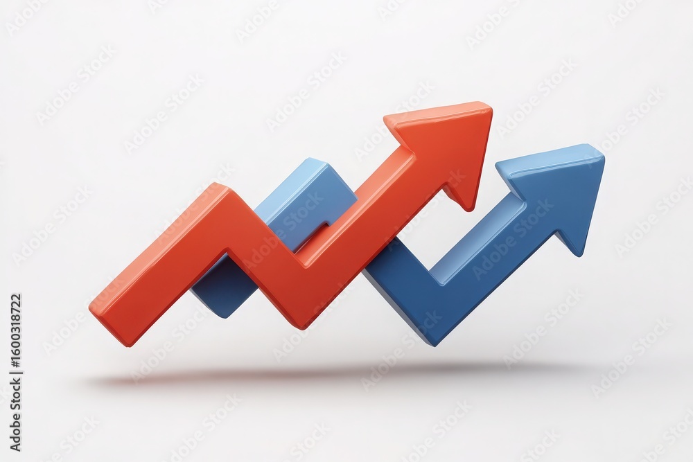 Brightly colored arrows in red and blue illustrate business growth and market trends. The upward movement indicates positive performance, while fluctuations highlight market dynamics and changes.