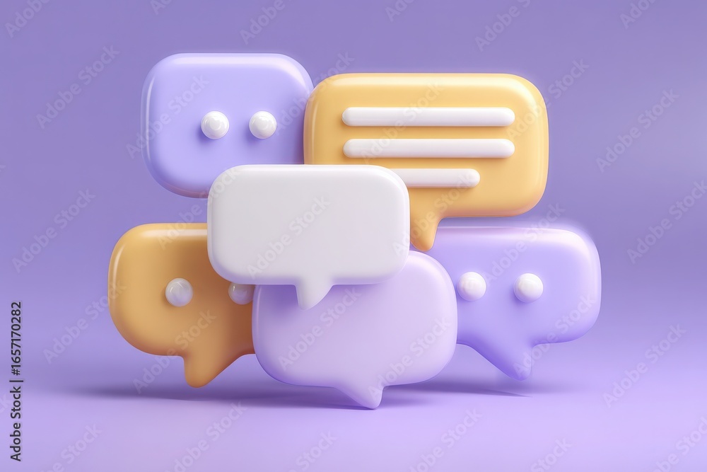 Brightly colored chat bubbles of different sizes and shapes are stacked on a soft purple background. The playful design invites themes of communication and conversation.