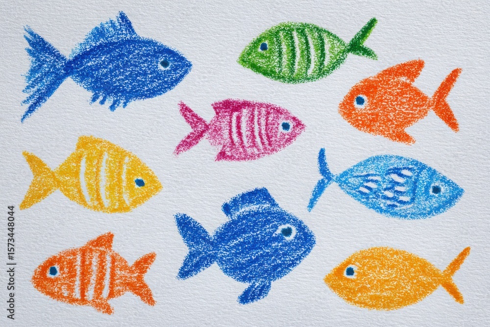 Brightly colored fish in various hues are illustrated on a white surface. The artwork features different shapes and patterns, showcasing creativity and childlike imagination.