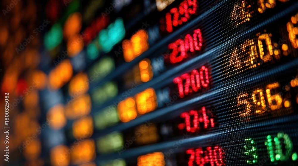 Brightly lit digital screens show stock price fluctuations with numbers changing rapidly. Traders monitor these displays for key market insights during active trading hours.