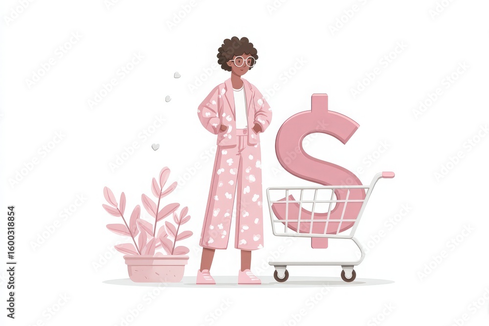 Character dressed in pink loungewear stands beside a shopping cart with a large dollar sign. A potted plant adds a touch of greenery to the lively scene, evoking a cheerful shopping vibe.