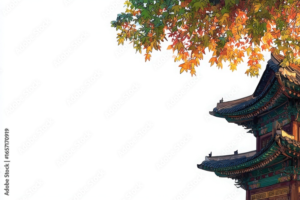 Colorful autumn leaves cascade over a picturesque traditional building, showcasing vibrant fall hues against a clear sky. The scene captures the essence of seasonal change in a tranquil atmosphere.